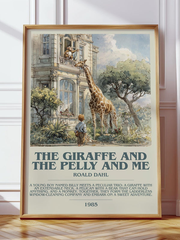 The Giraffe and the Pelly and Me bookish print in frame leaning in hallway – childrens wall art