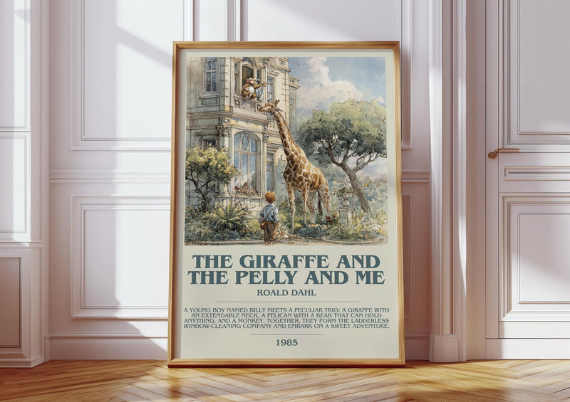 The Giraffe and the Pelly and Me bookish print in frame leaning in hallway – childrens wall art