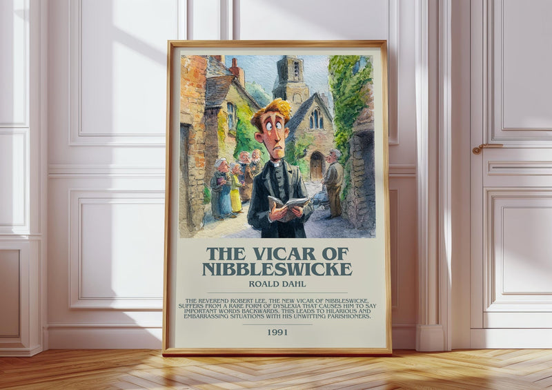 The Vicar of Nibbleswicke bookish print in frame leaning in hallway – childrens wall art