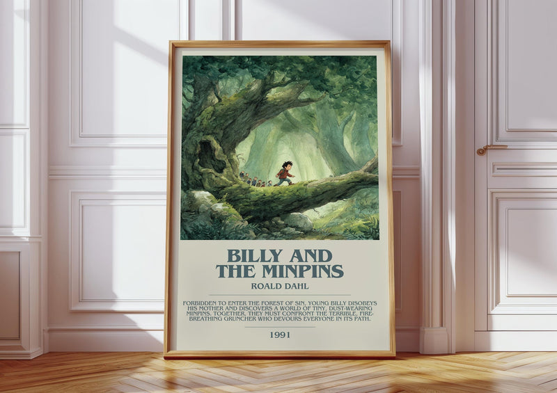 Billy and the Minpins bookish print in frame leaning in hallway – childrens wall art