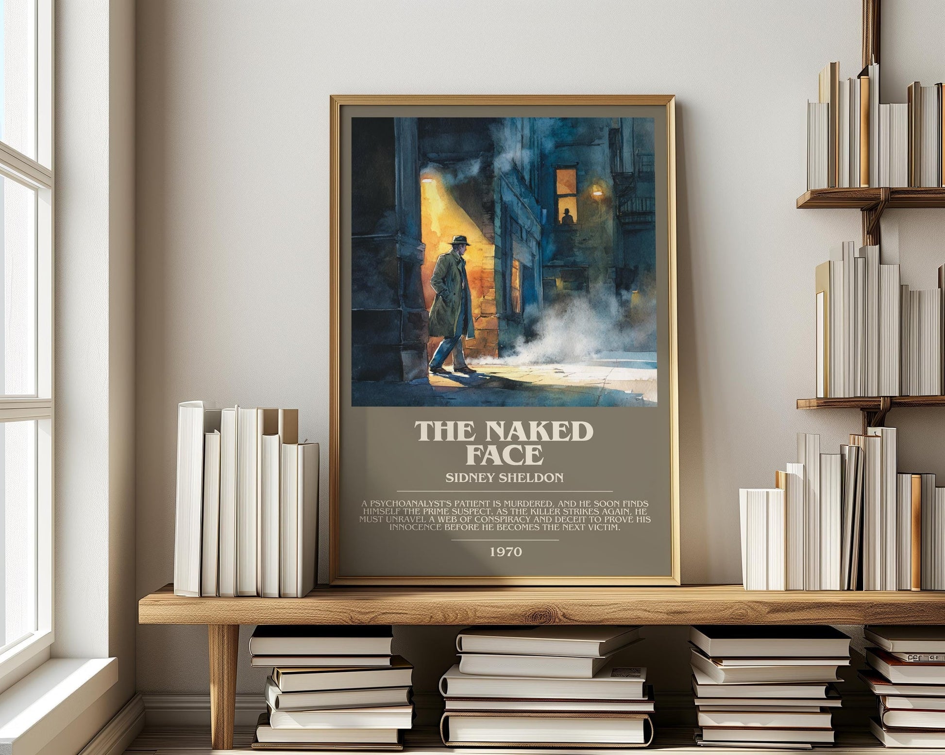 The Naked Face bookish print on bookshelf – Sidney Sheldon fan gift