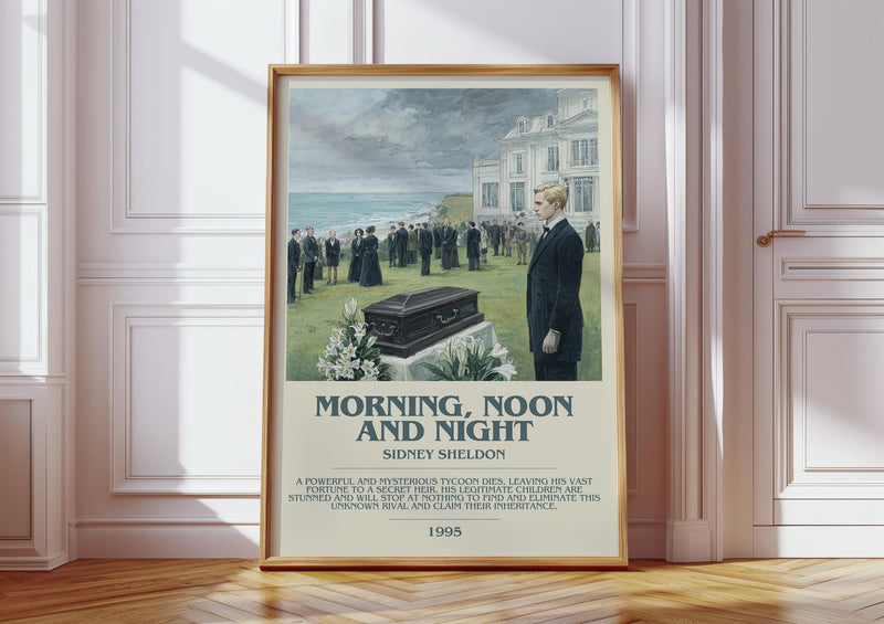 Morning, Noon and Night bookish print in frame leaning in hallway – thriller wall art