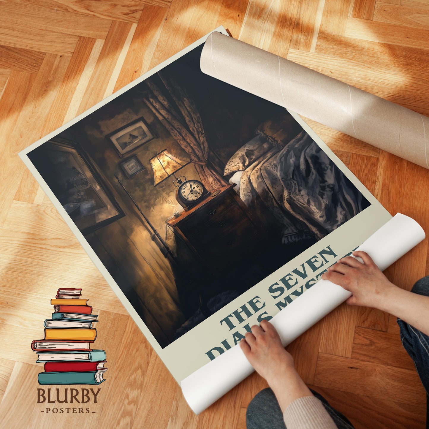 The Seven Dials Mystery by Agatha Christie Descriptive Poster Print. Free Delivery Wall Art Author & Blurb Book Artwork Novel