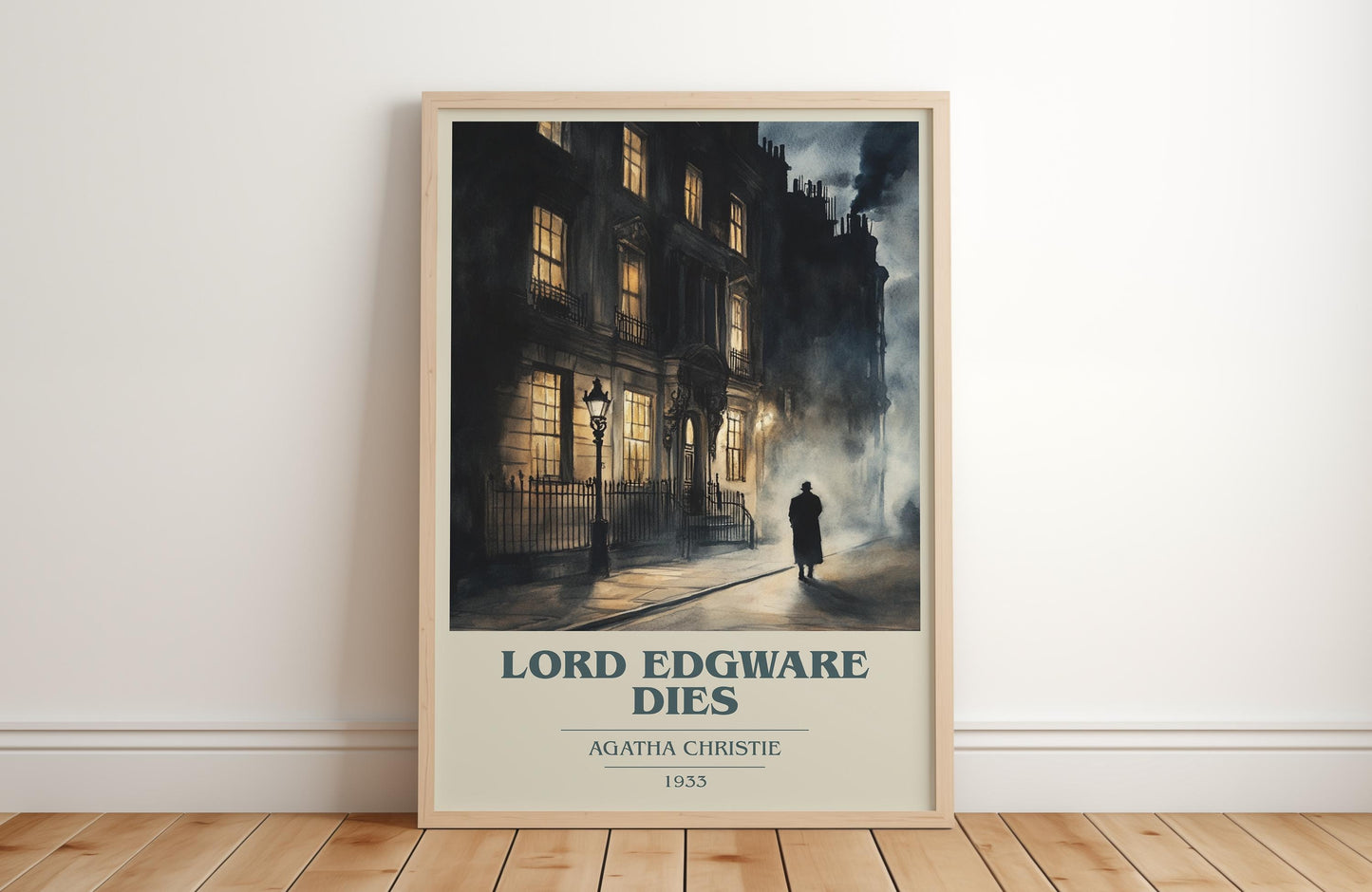 Lord Edgware Dies book cover print in frame leaning in hallway – mystery wall art