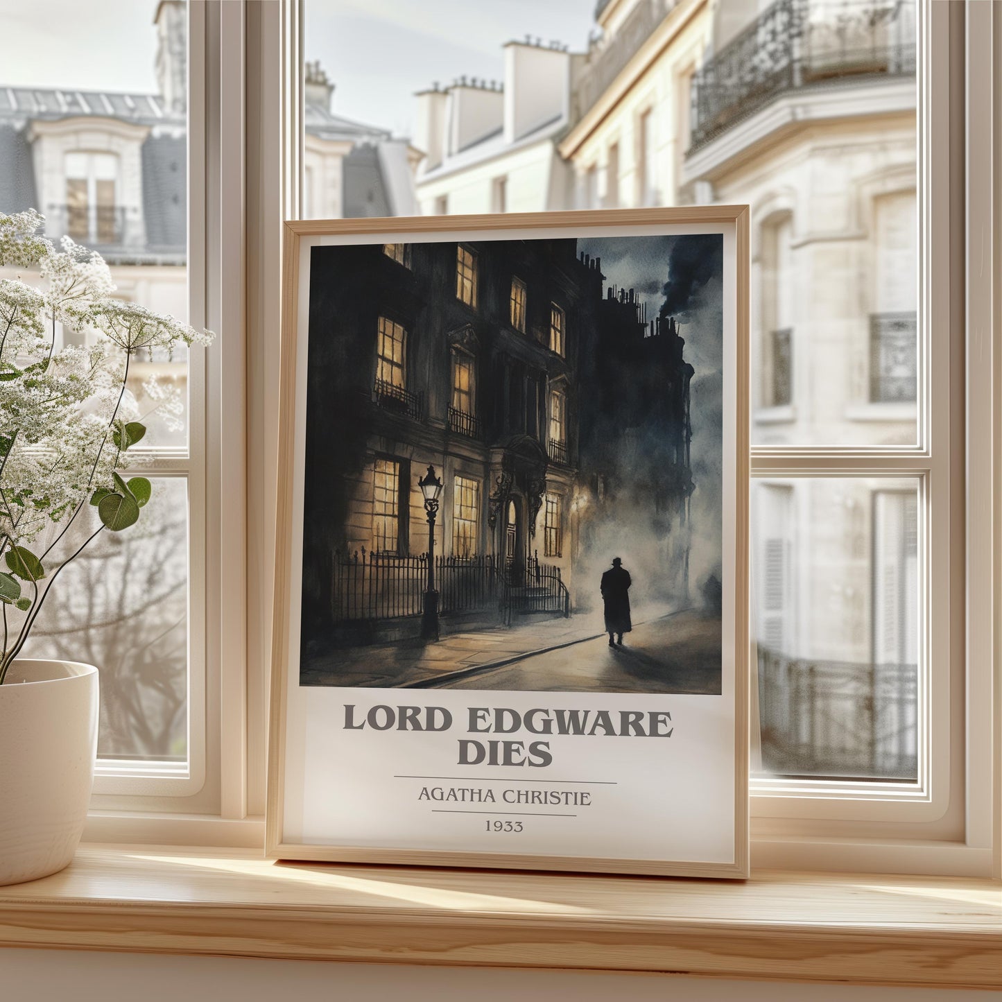 Lord Edgware Dies book cover print framed by window – literary home decor