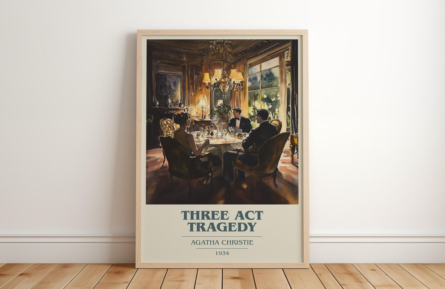 Three Act Tragedy by Agatha Christie Descriptive Poster Print. Free Delivery Wall Art Author & Blurb Book Artwork Novel