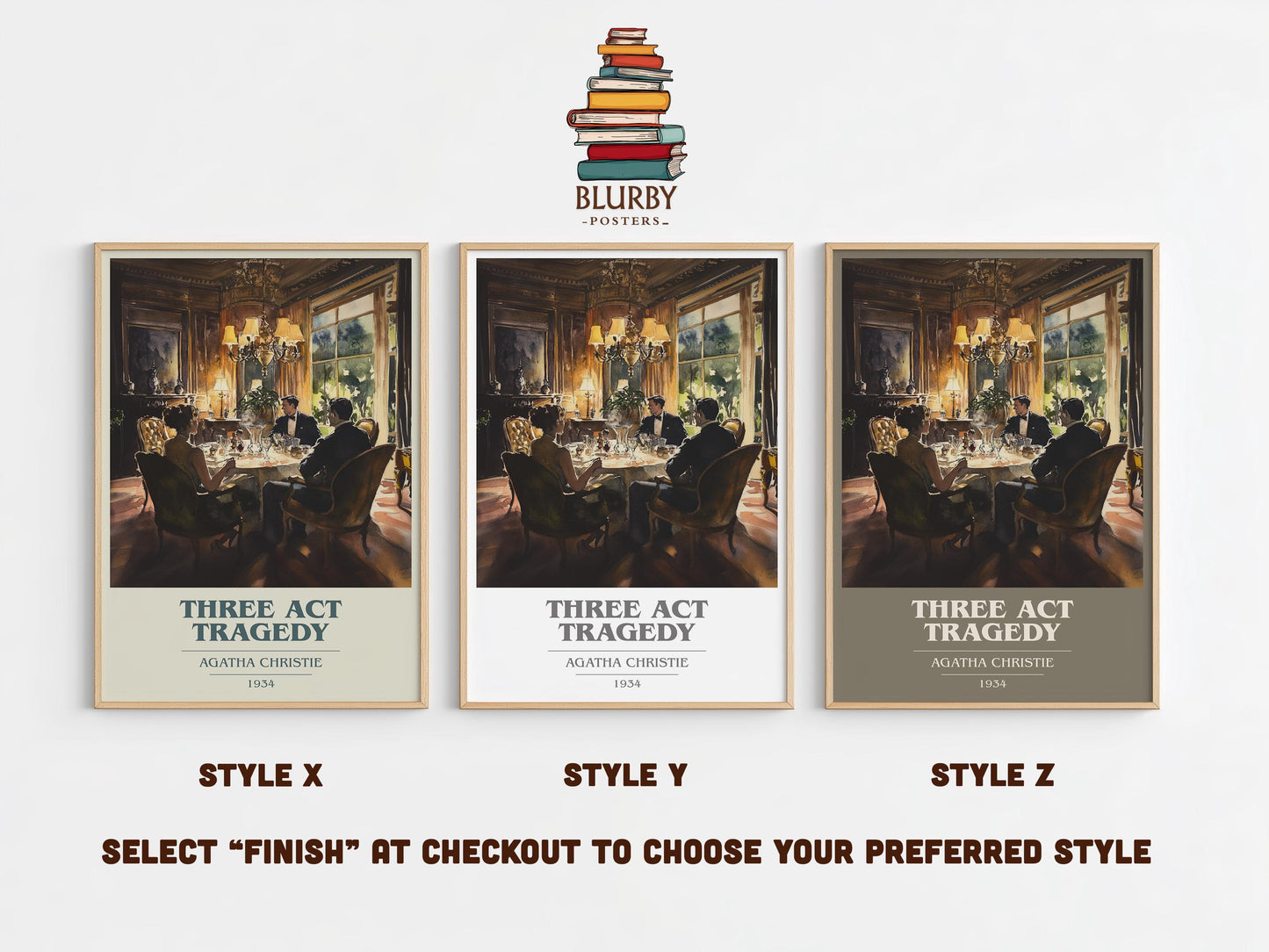 Three Act Tragedy by Agatha Christie Descriptive Poster Print. Free Delivery Wall Art Author & Blurb Book Artwork Novel