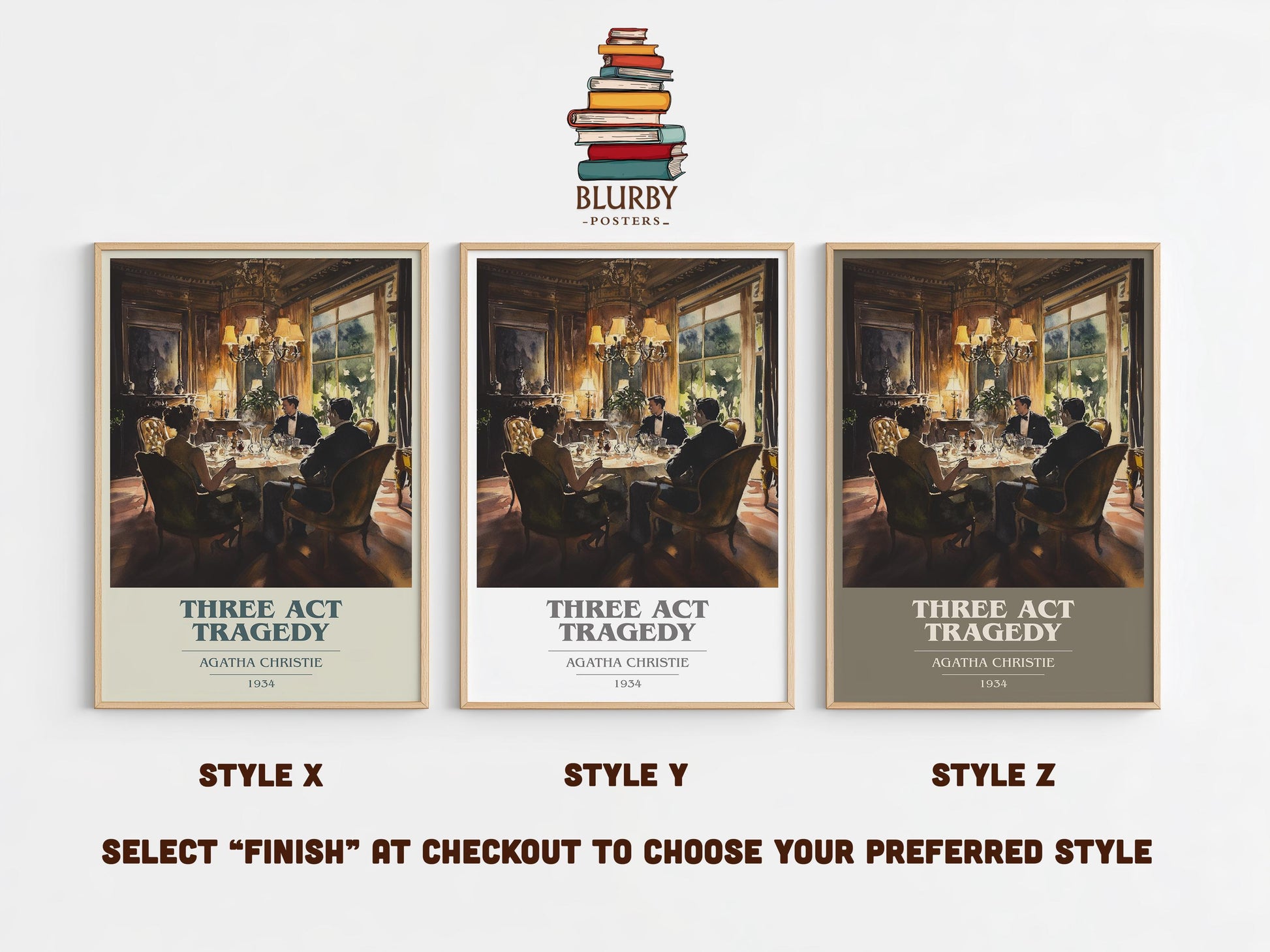 Three Act Tragedy by Agatha Christie Descriptive Poster Print. Free Delivery Wall Art Author & Blurb Book Artwork Novel