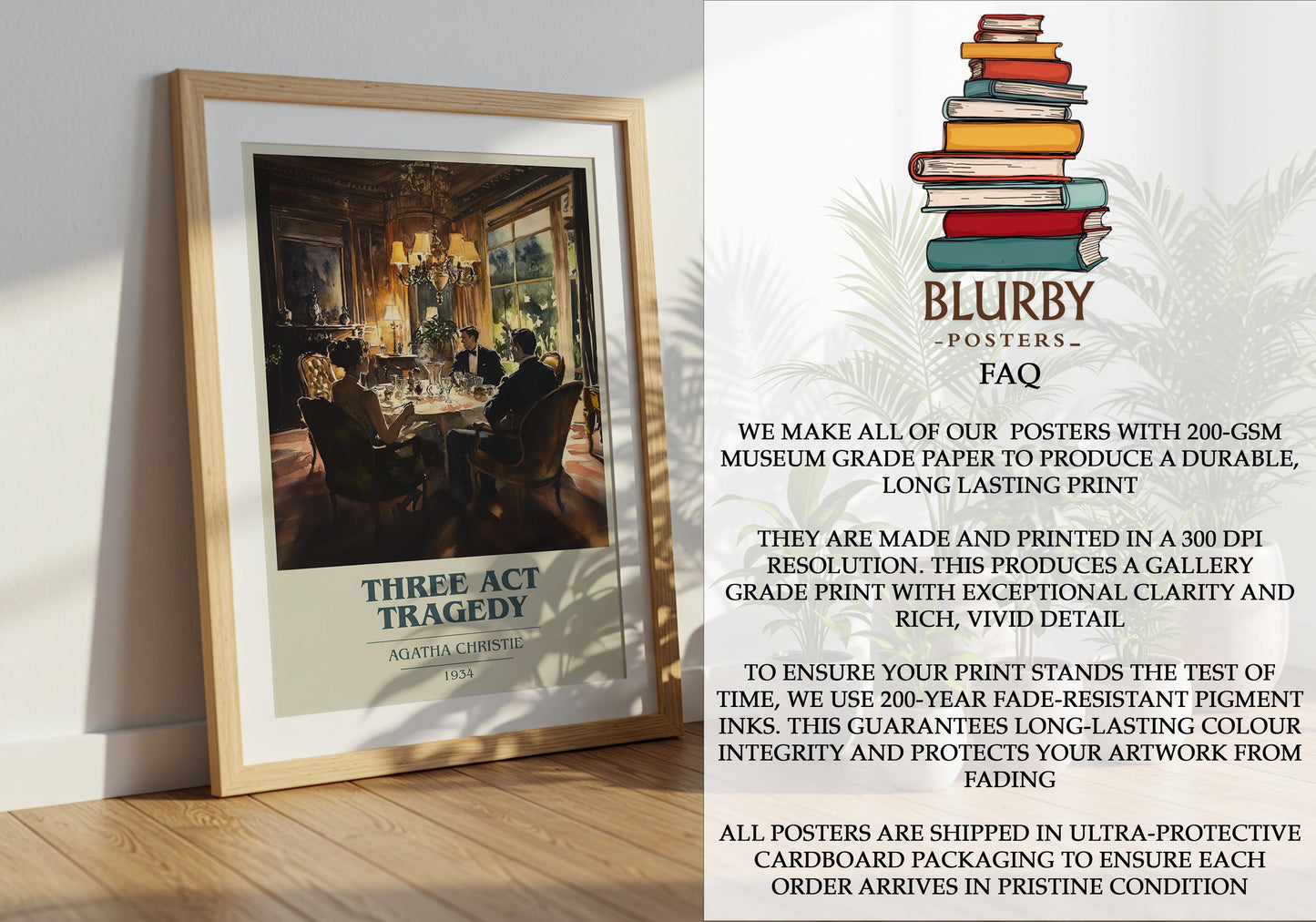 Three Act Tragedy by Agatha Christie Descriptive Poster Print. Free Delivery Wall Art Author & Blurb Book Artwork Novel