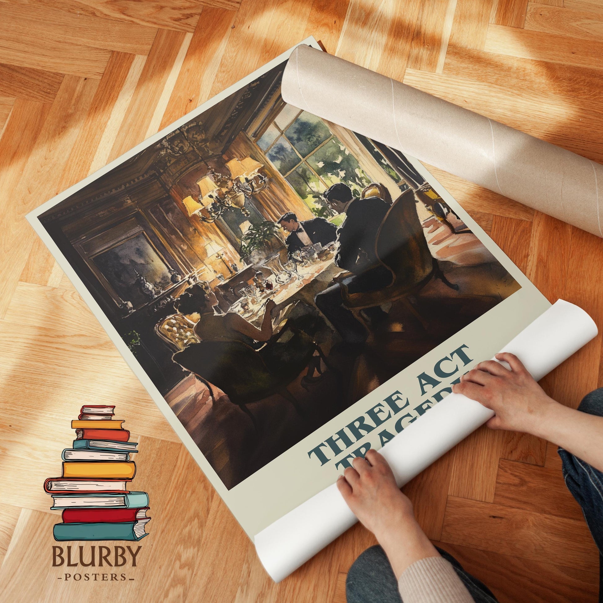 Three Act Tragedy by Agatha Christie Descriptive Poster Print. Free Delivery Wall Art Author & Blurb Book Artwork Novel