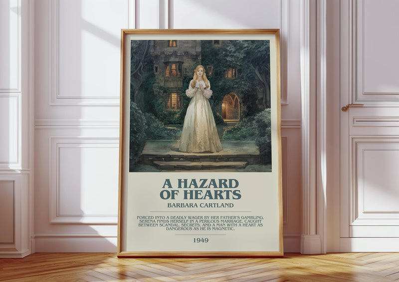 A Hazard of Hearts bookish print in frame leaning in hallway – romance wall art