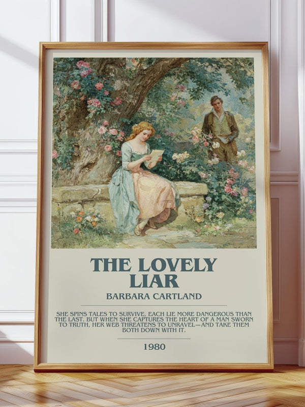 The Lovely Liar bookish print in frame leaning in hallway – romance wall art