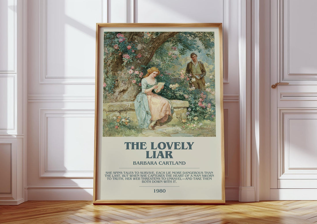 The Lovely Liar bookish print in frame leaning in hallway – romance wall art (mockup)