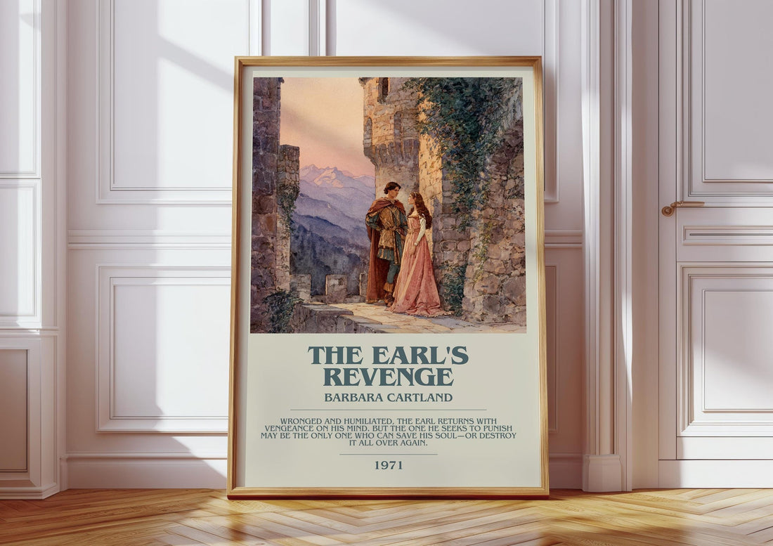 The Earl's Revenge bookish print in frame leaning in hallway – romance wall art (mockup)