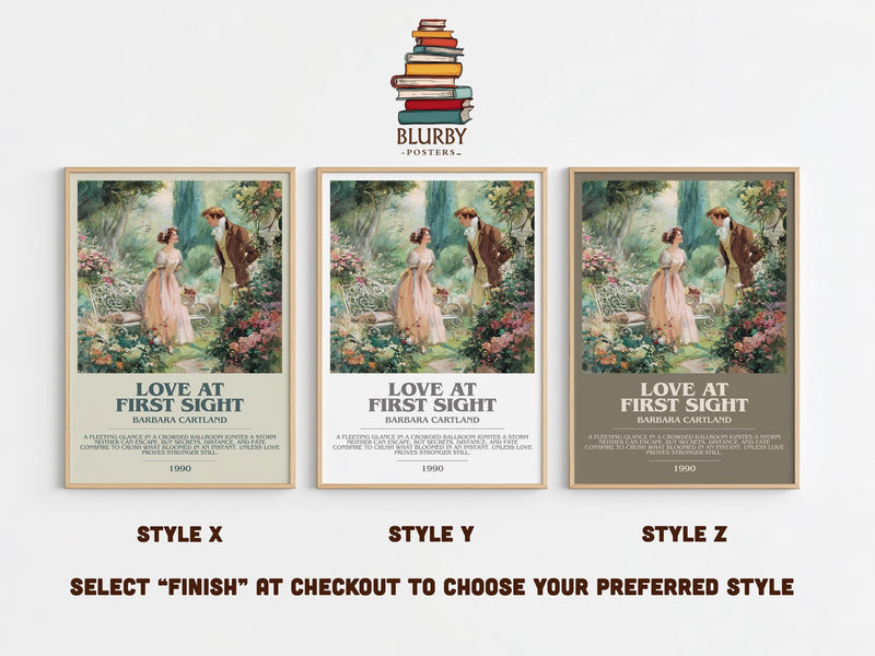 Love at First Sight bookish poster colour and style options – Barbara Cartland book art