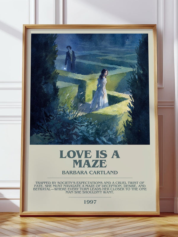 Love Is a Maze bookish print in frame leaning in hallway – romance wall art