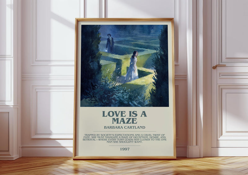Love Is a Maze bookish print in frame leaning in hallway – romance wall art