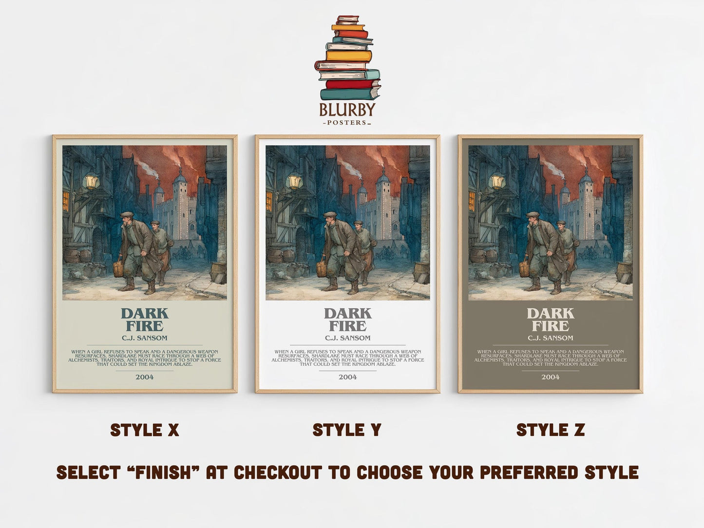 Dark Fire bookish poster colour and style options – C.J. Sansom book art