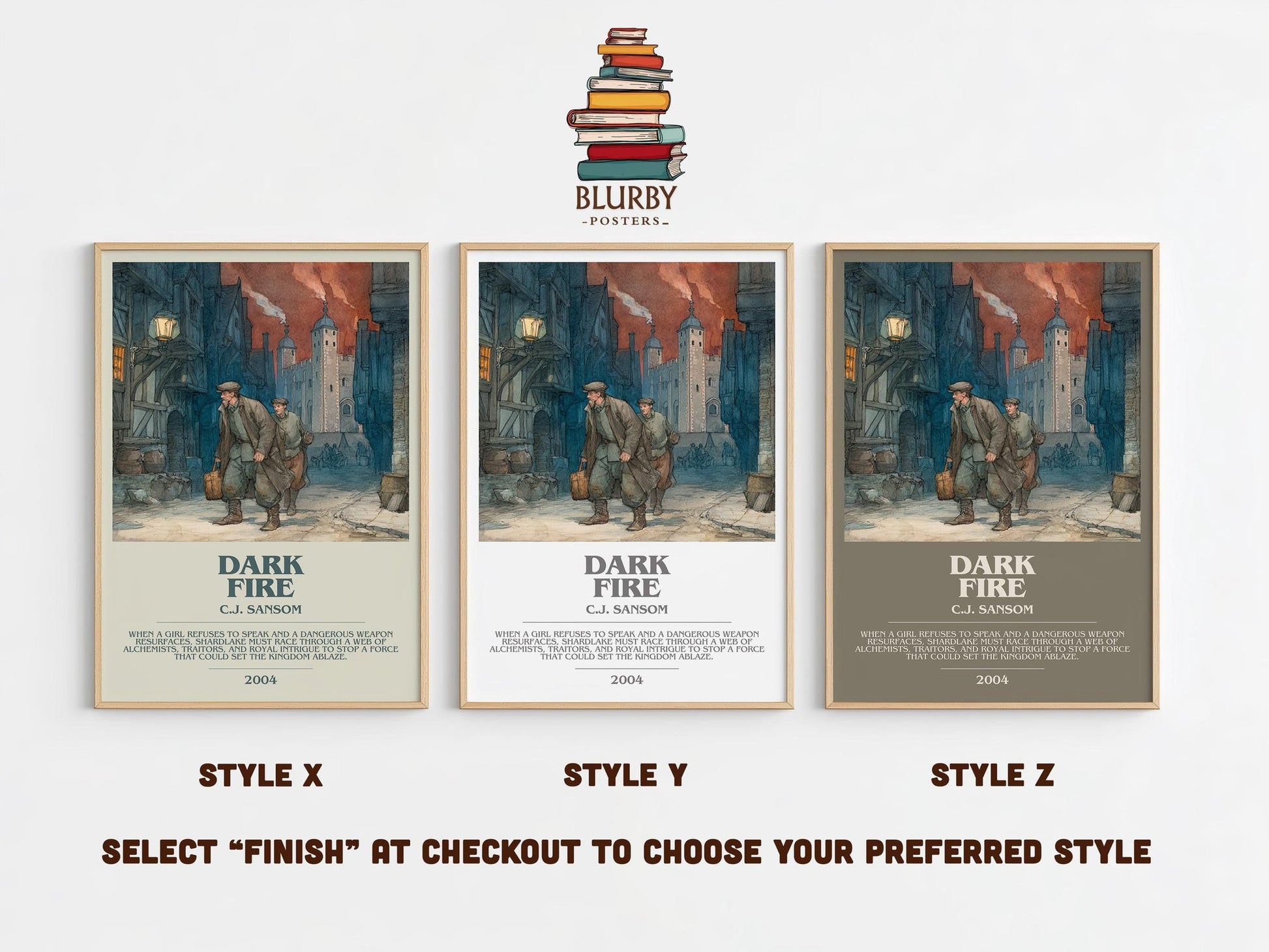 Dark Fire bookish poster colour and style options – C.J. Sansom book art