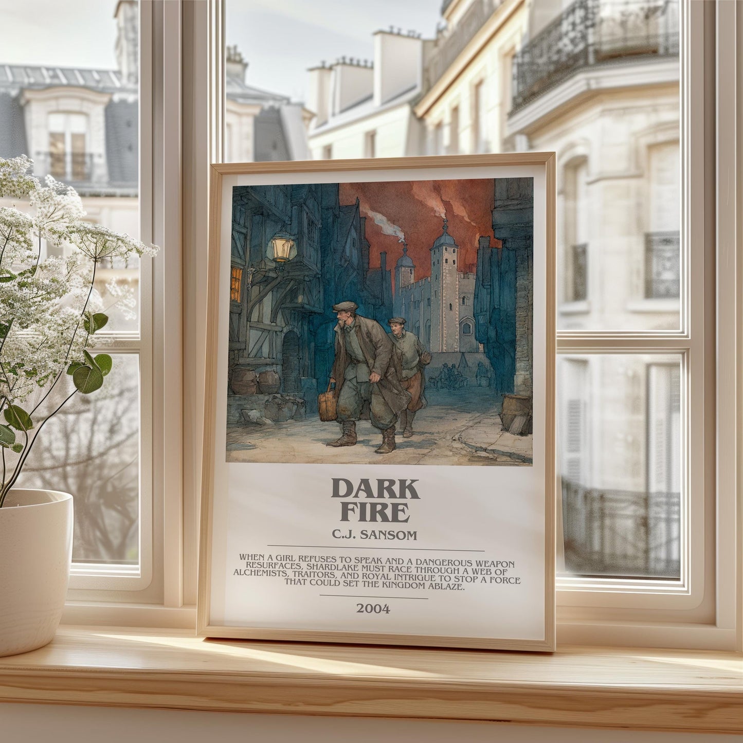 Dark Fire bookish print framed by window – literary home decor
