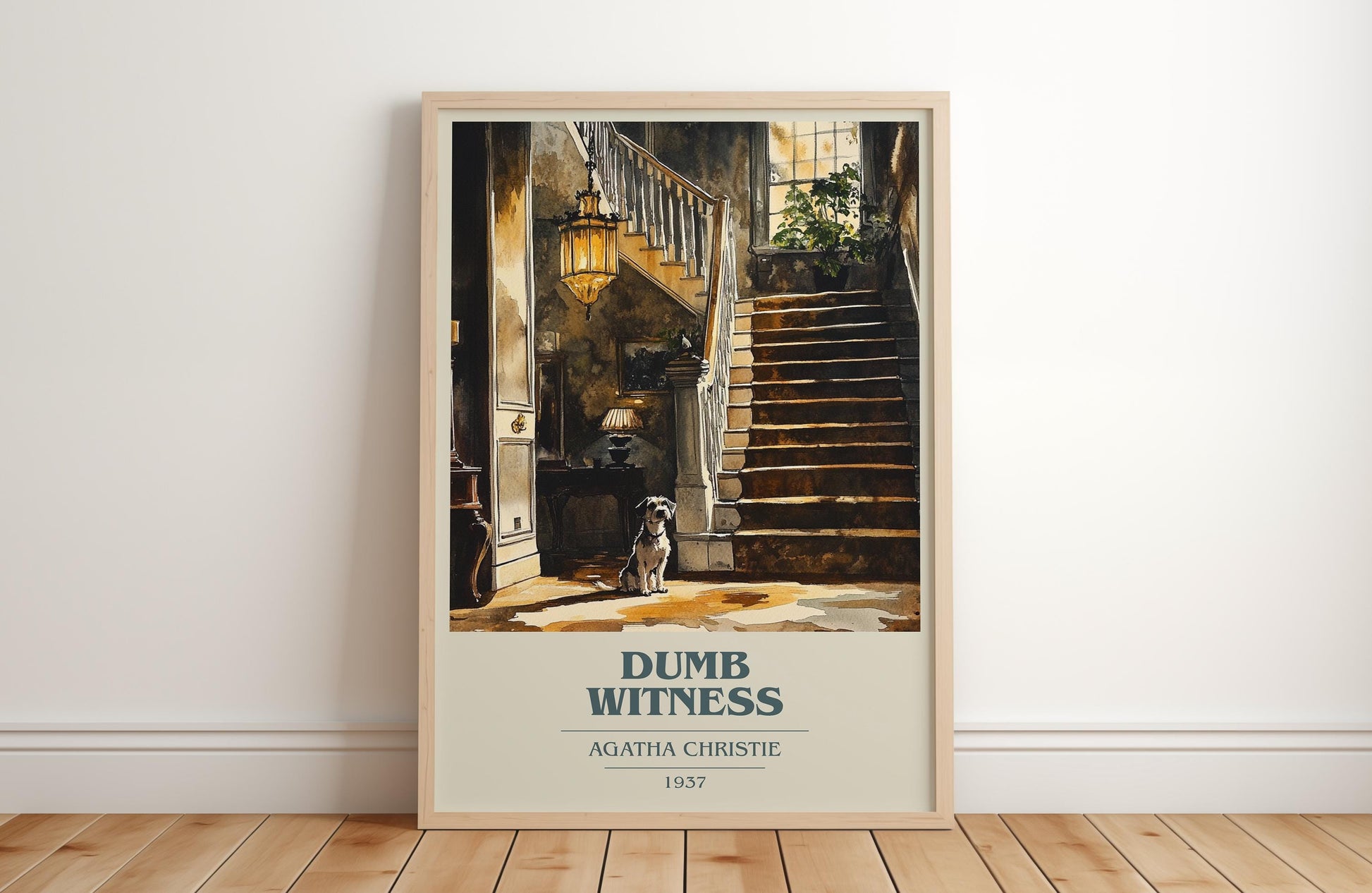 Dumb Witness book cover print in frame leaning in hallway – mystery wall art