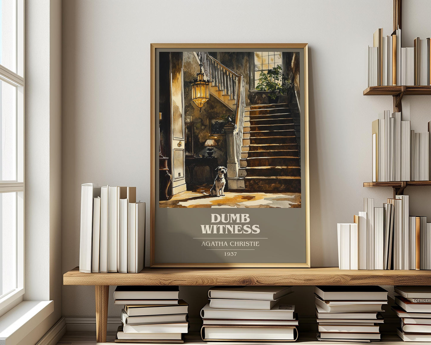 Dumb Witness book cover print on bookshelf – Agatha Christie fan gift