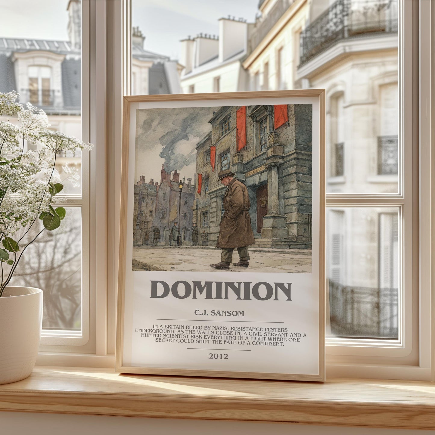 Dominion bookish print framed by window – literary home decor