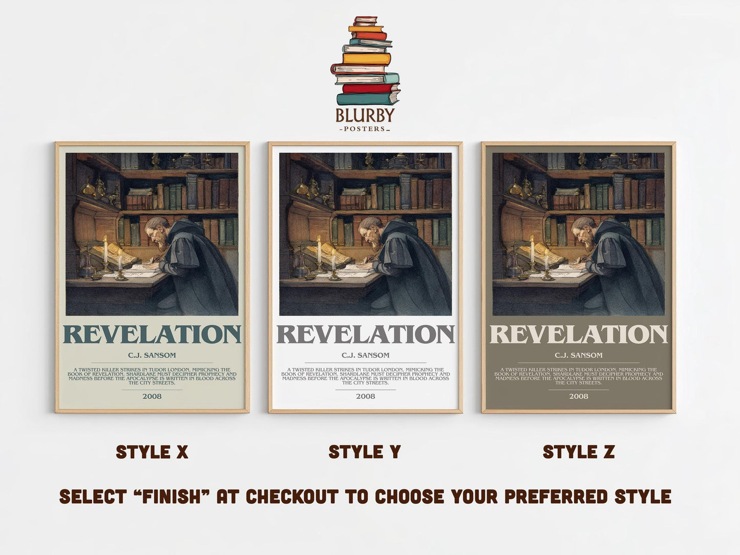 Revelation bookish poster colour and style options – C.J. Sansom book art
