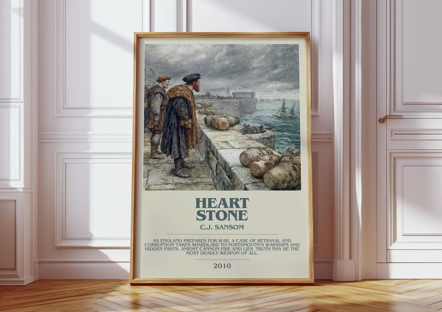 Heartstone bookish print in frame leaning in hallway – historical fiction wall art