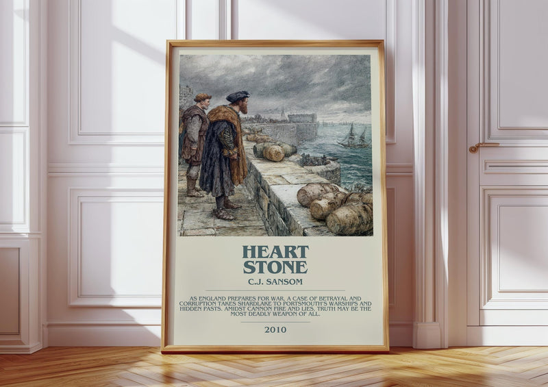 Heartstone bookish print in frame leaning in hallway – historical fiction wall art