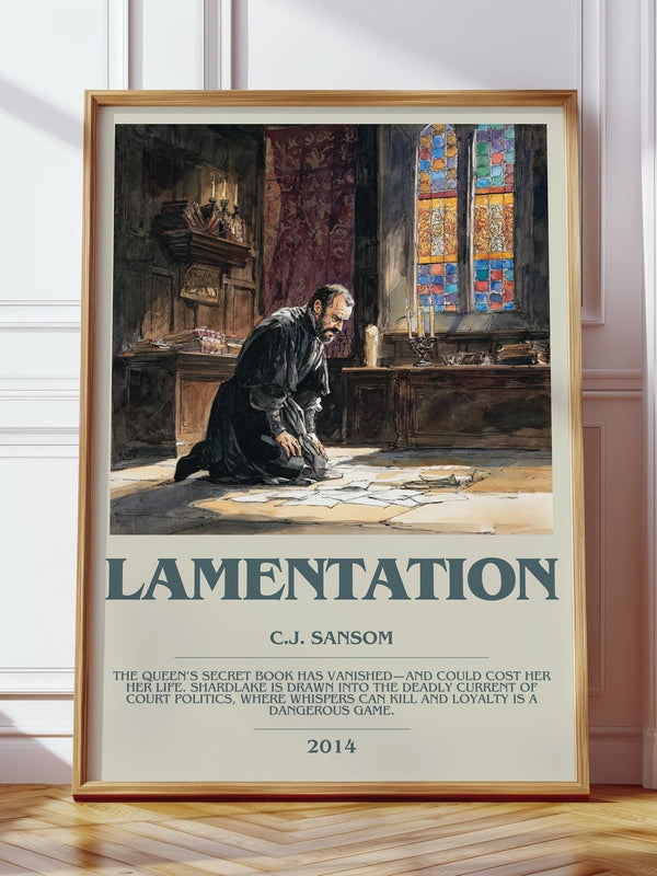 Lamentation bookish print in frame leaning in hallway – historical fiction wall art