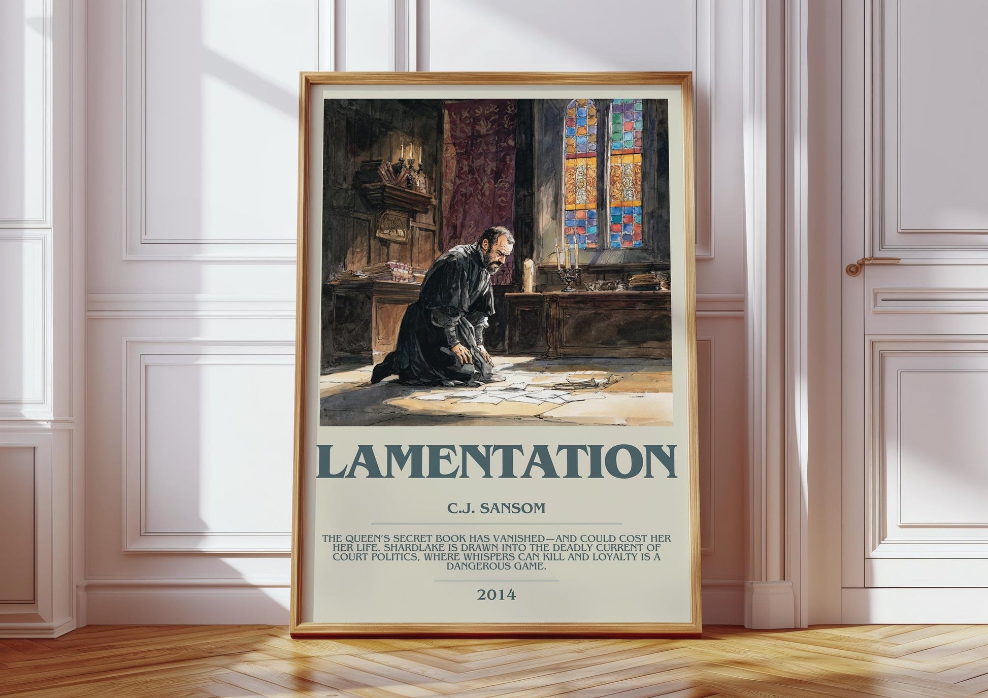 Lamentation bookish print in frame leaning in hallway – historical fiction wall art