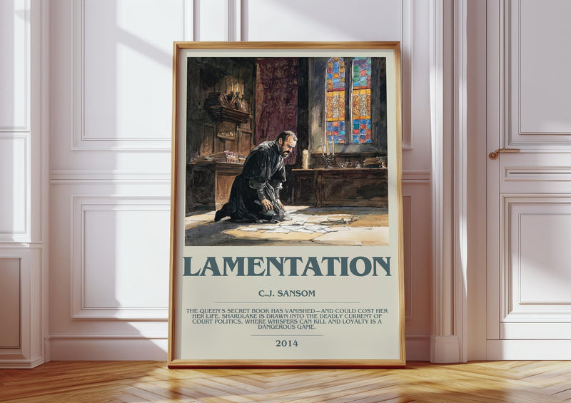 Lamentation bookish print in frame leaning in hallway – historical fiction wall art