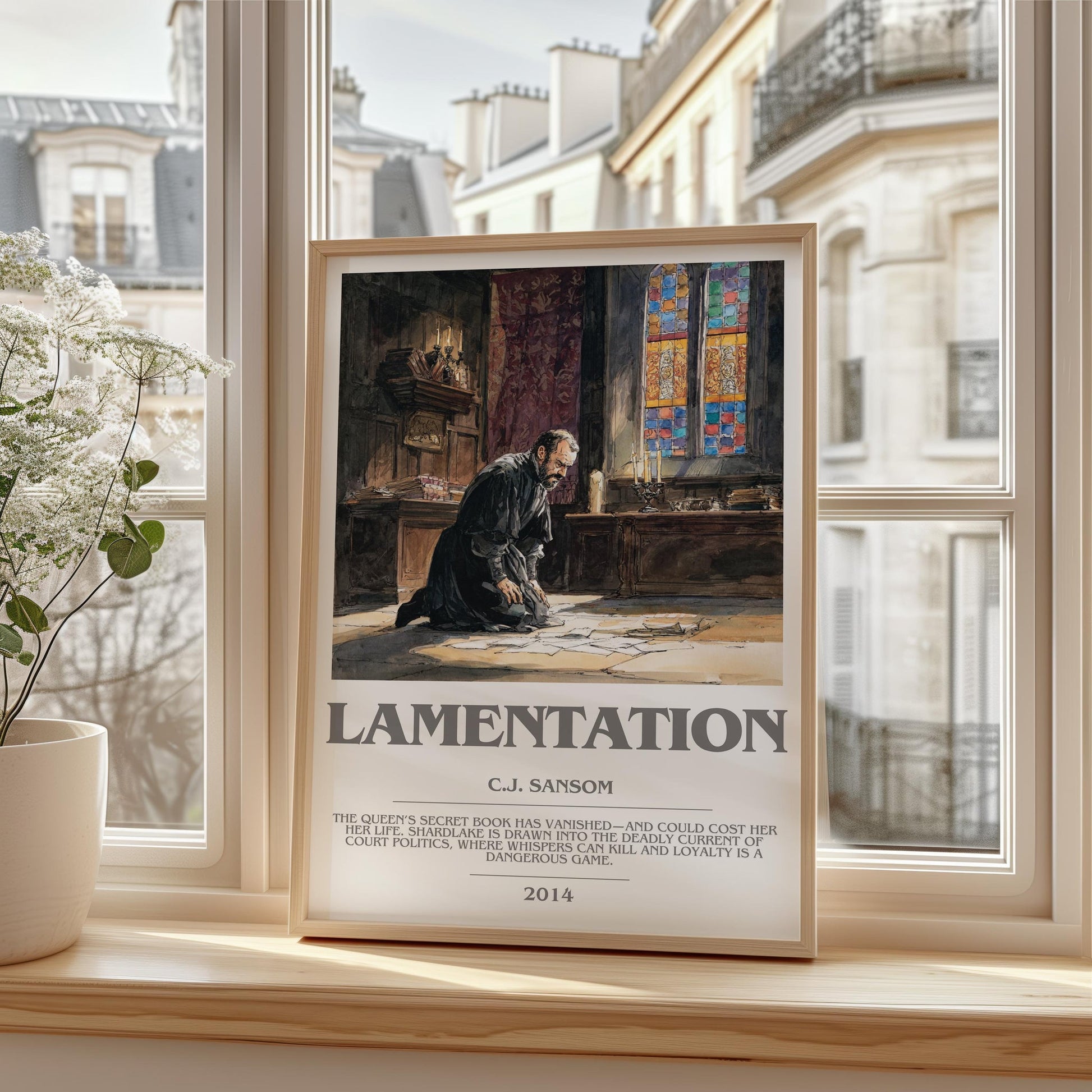 Lamentation bookish print framed by window – literary home decor