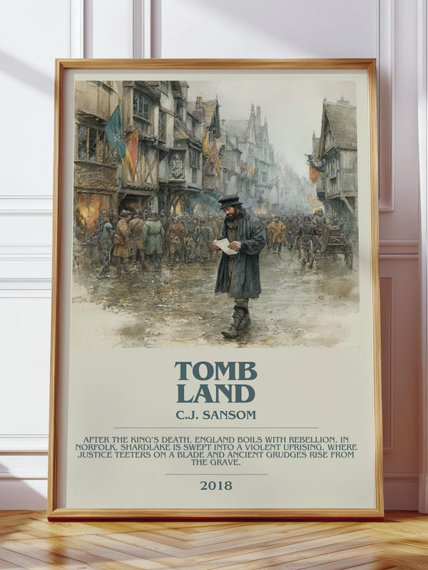 Tombland bookish print in frame leaning in hallway – historical fiction wall art