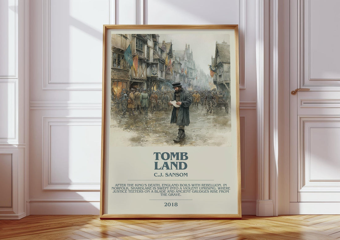 Tombland bookish print in frame leaning in hallway – historical fiction wall art (mockup)