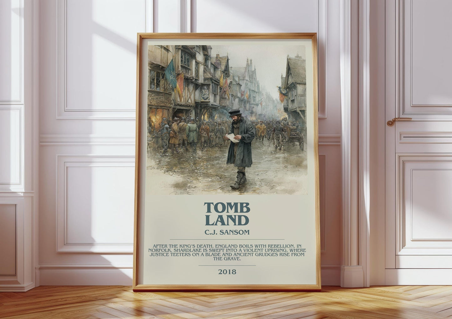 Tombland bookish print in frame leaning in hallway – historical fiction wall art
