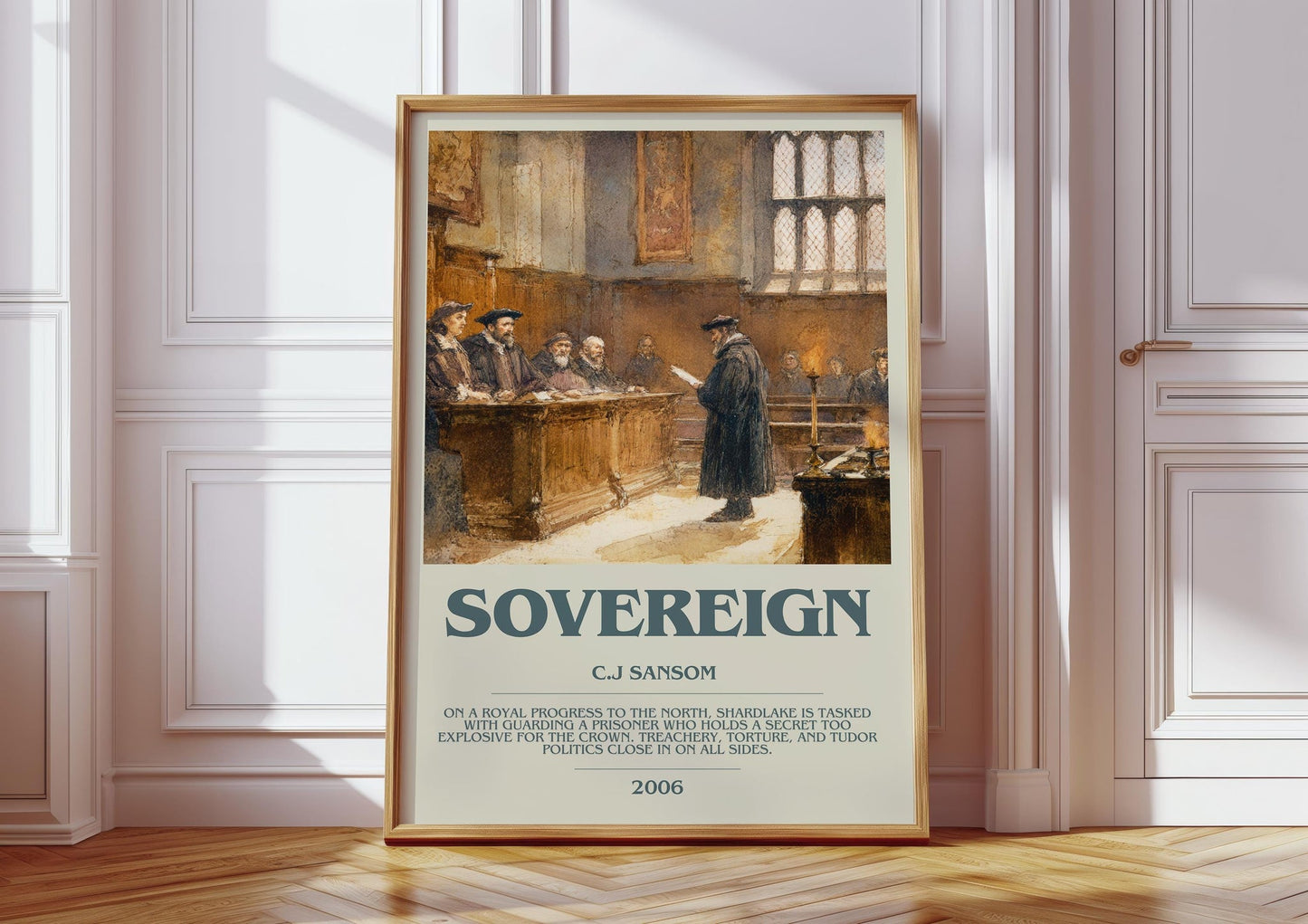 Sovereign bookish print in frame leaning in hallway – historical fiction wall art