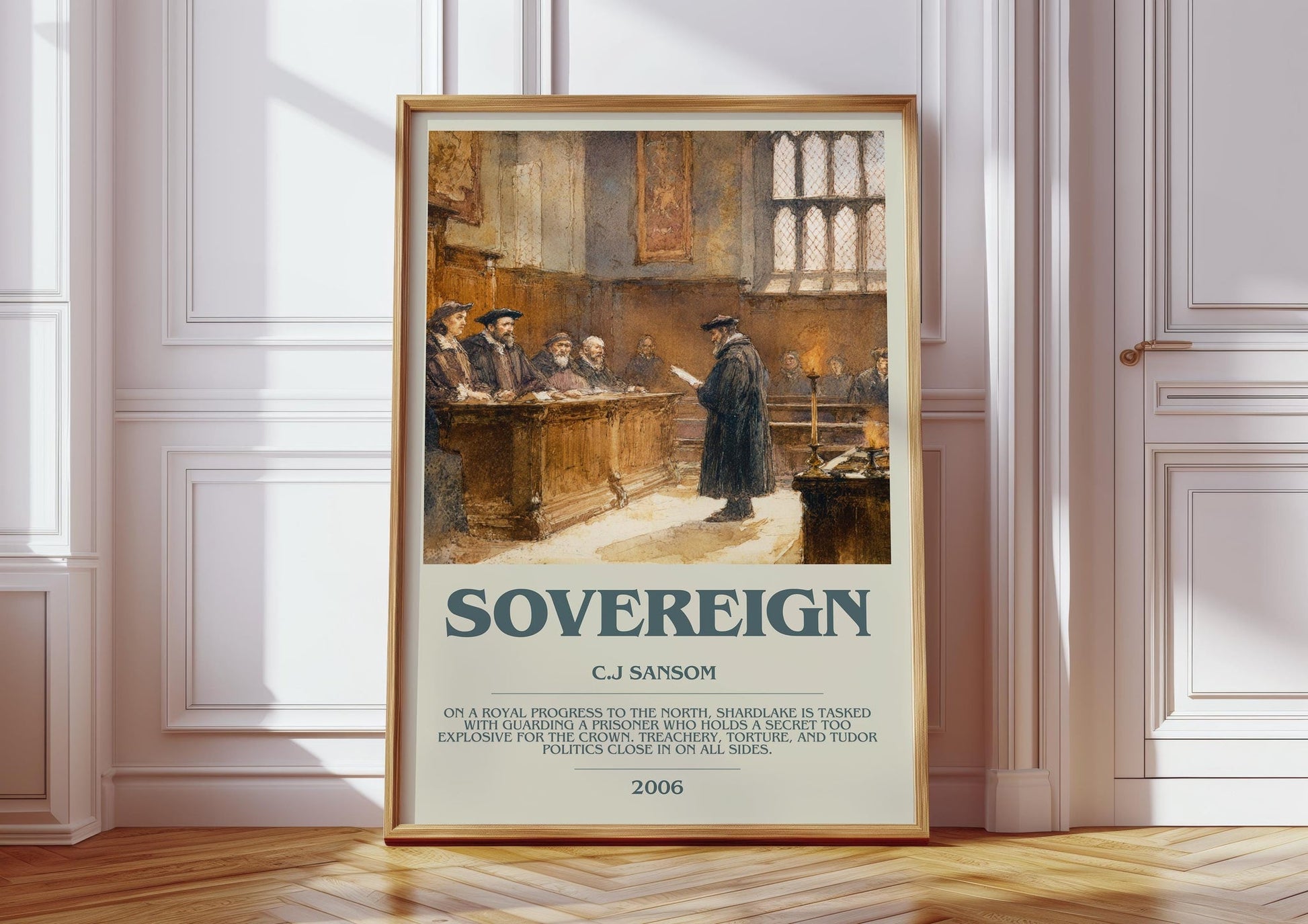 Sovereign bookish print in frame leaning in hallway – historical fiction wall art
