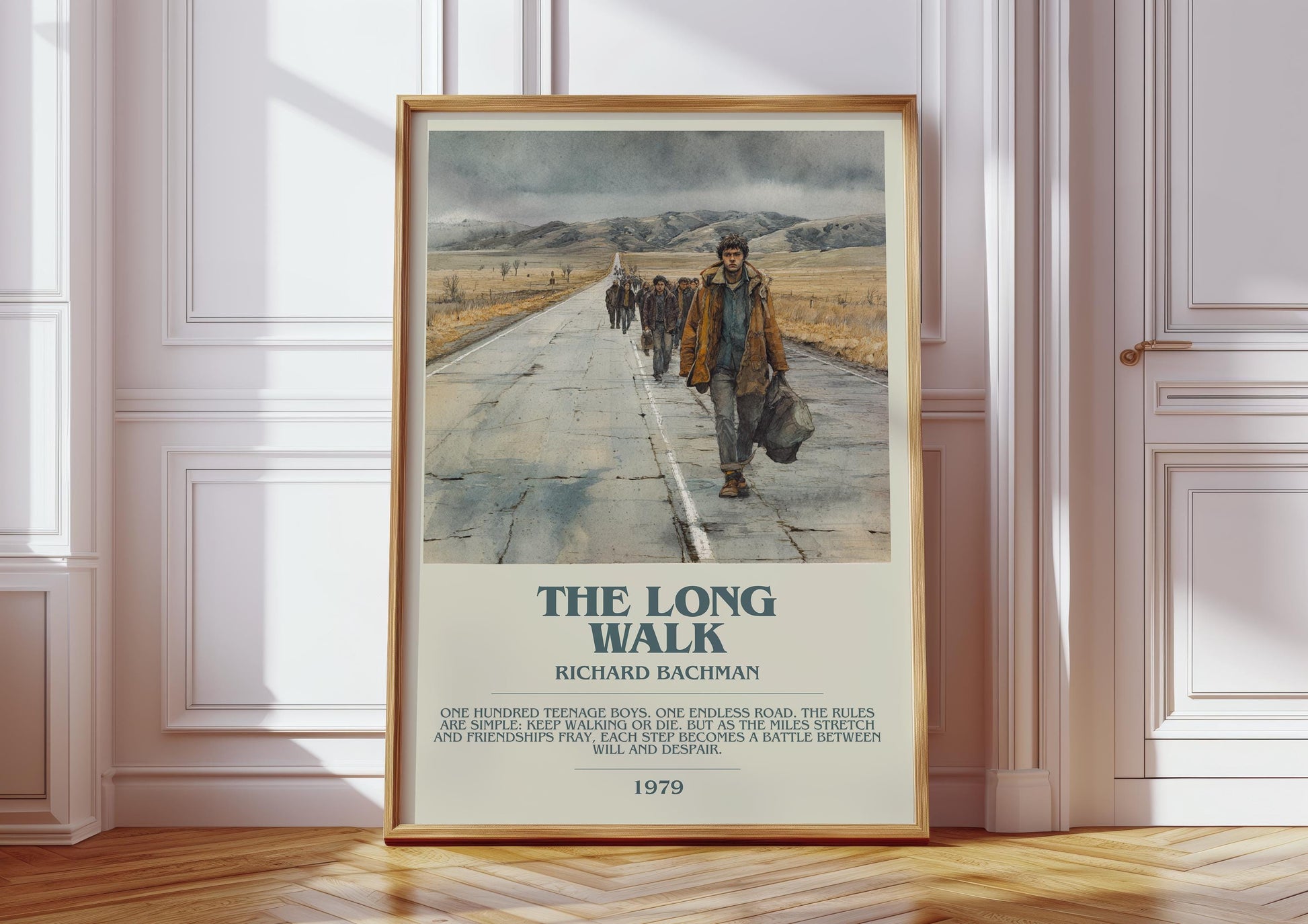 The Long Walk bookish print in frame leaning in hallway – dystopian wall art