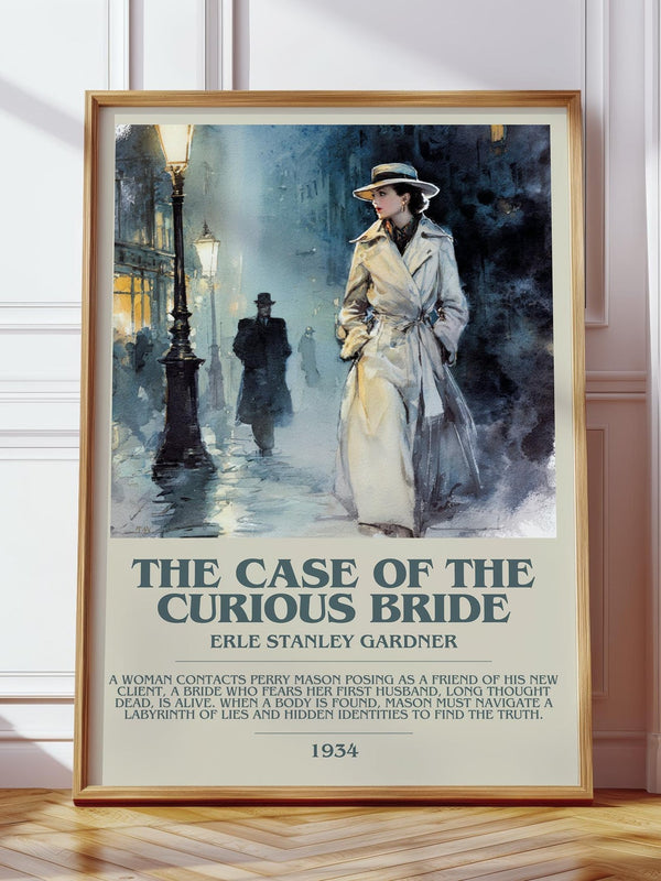 The Case of the Curious Bride bookish print in frame leaning in hallway – mystery wall art