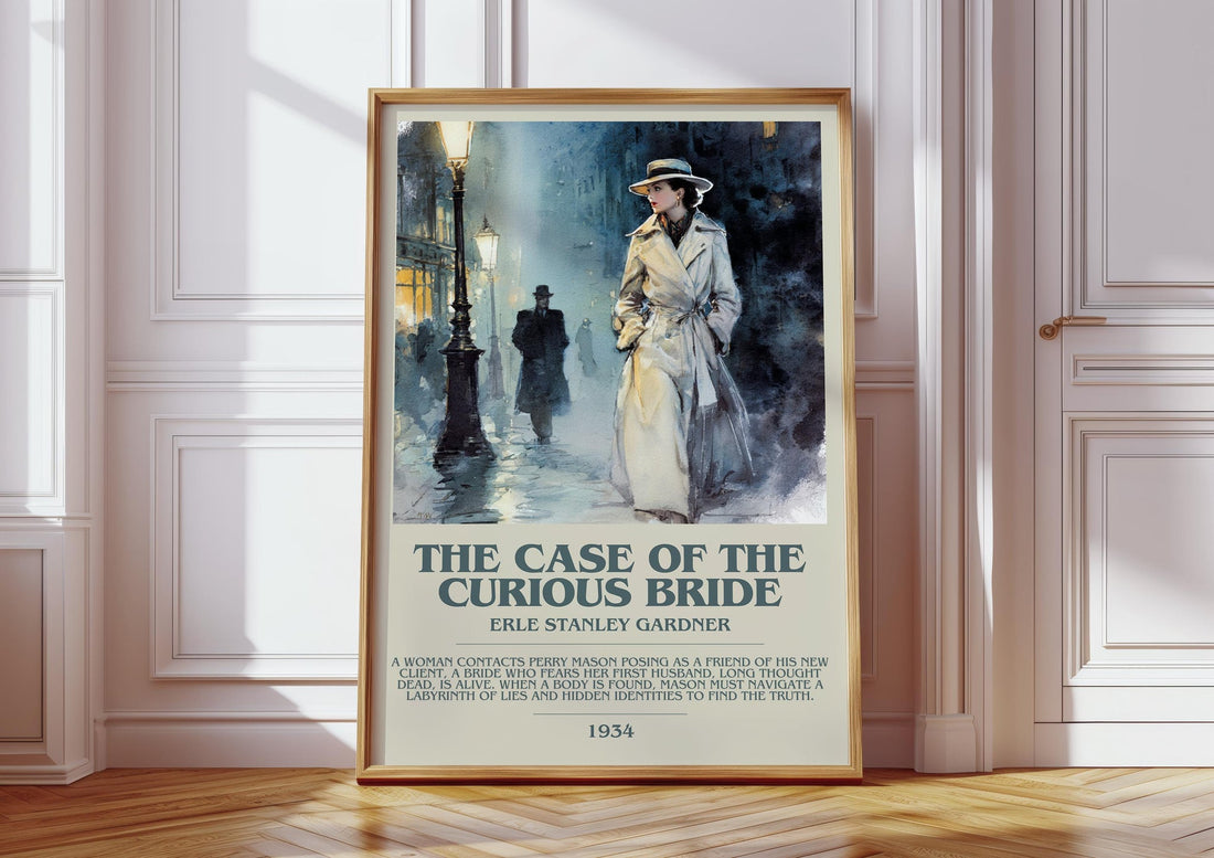 The Case of the Curious Bride bookish print in frame leaning in hallway – mystery wall art (mockup)