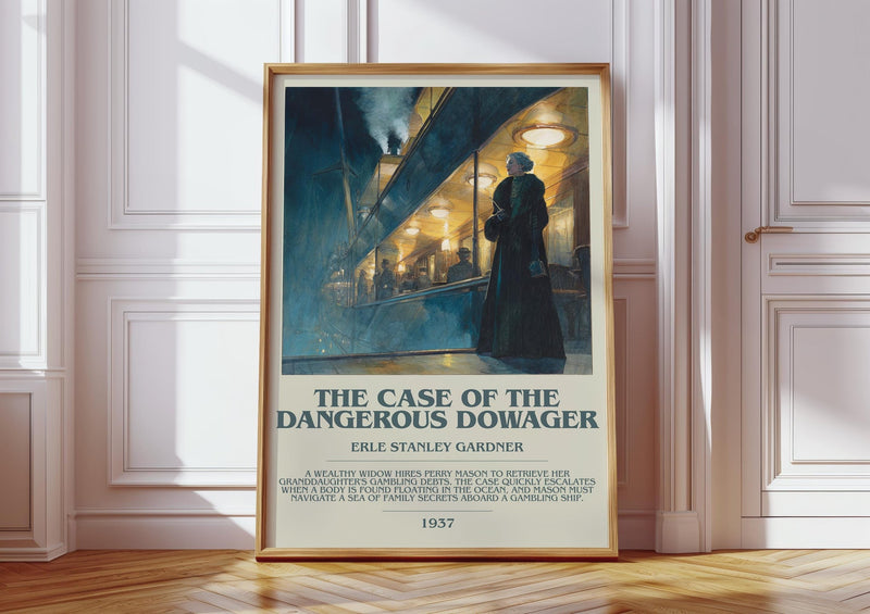 The Case Of The Dangerous Dowager bookish print in frame leaning in hallway – mystery wall art