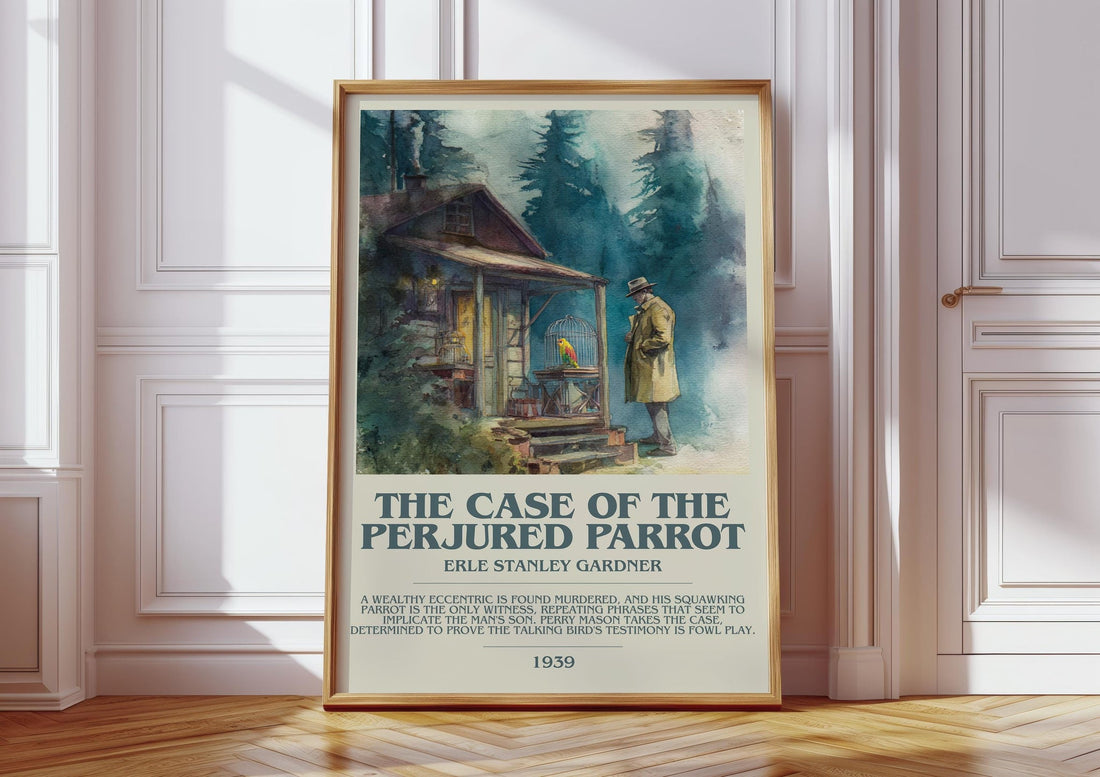 The Case Of The Perjured Parrot bookish print in frame leaning in hallway – mystery wall art (mockup)