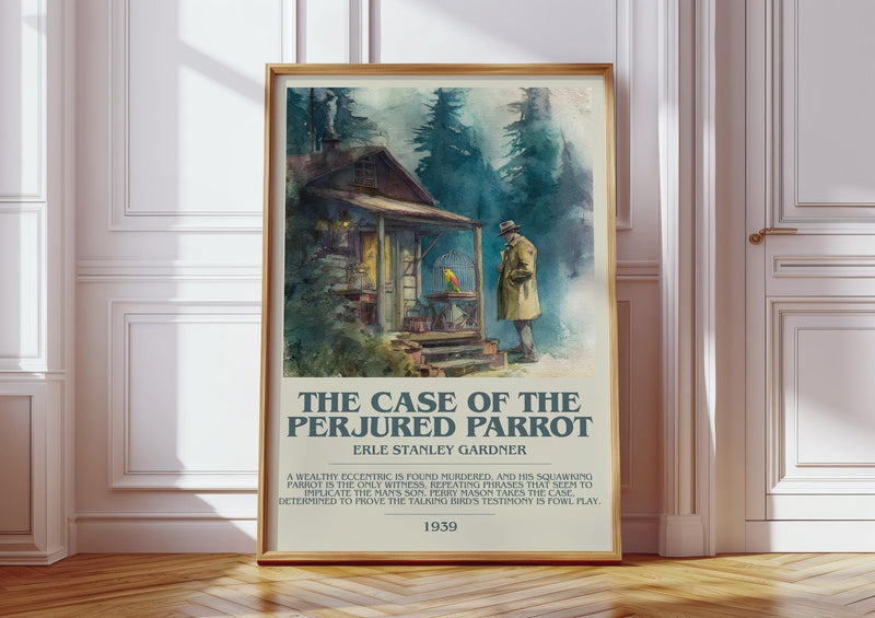 The Case Of The Perjured Parrot bookish print in frame leaning in hallway – mystery wall art