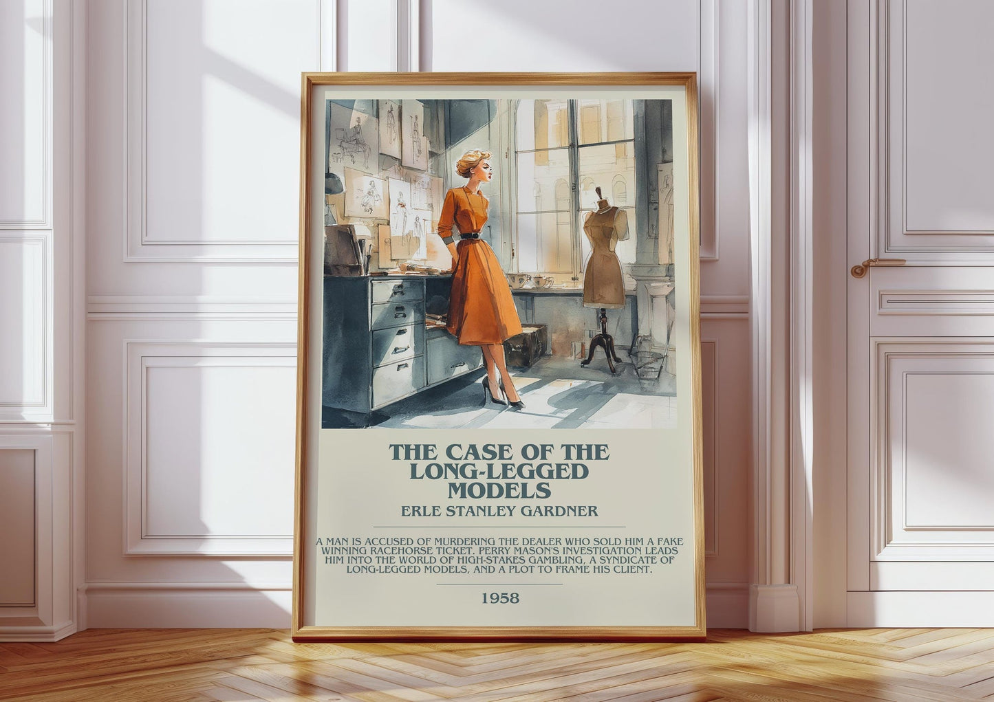The Case of the Long-legged Models bookish print in frame leaning in hallway – mystery wall art