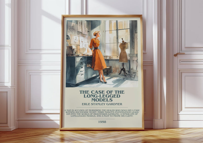 The Case of the Long-legged Models bookish print in frame leaning in hallway – mystery wall art