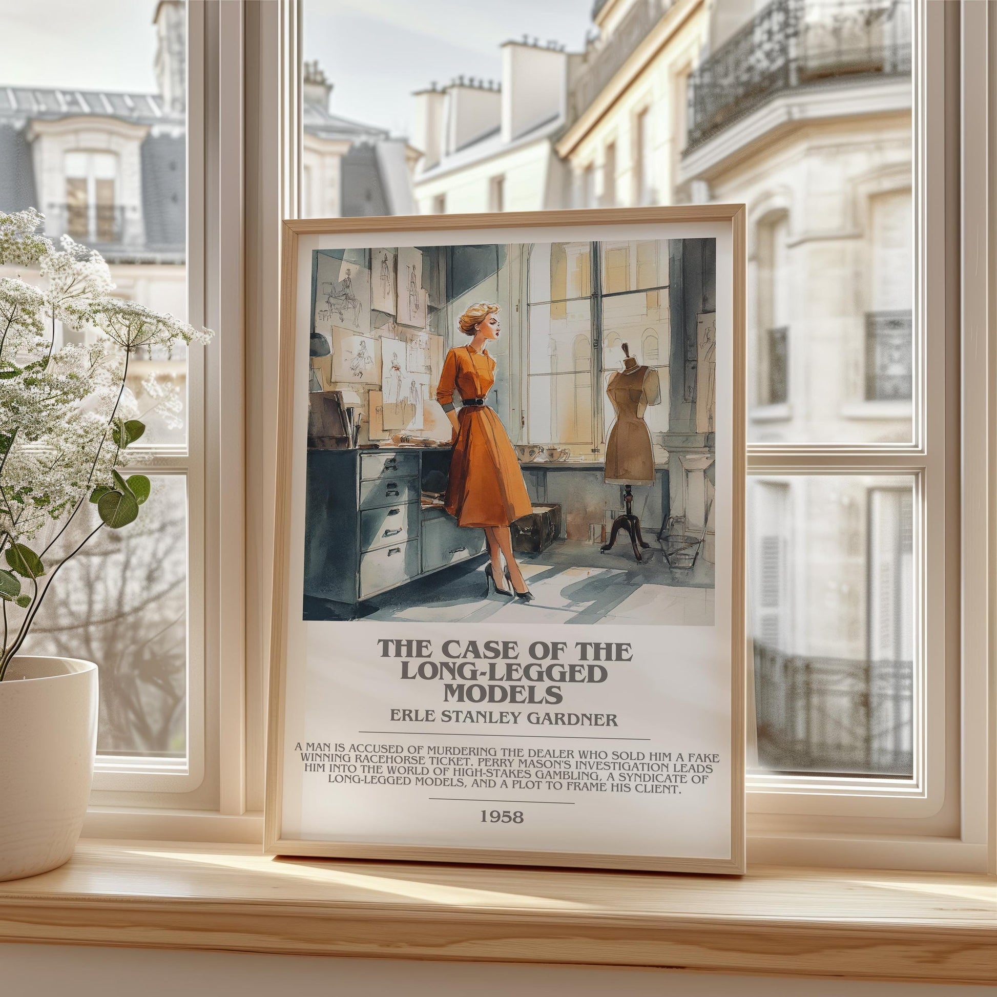 The Case of the Long-legged Models bookish print framed by window – literary home decor