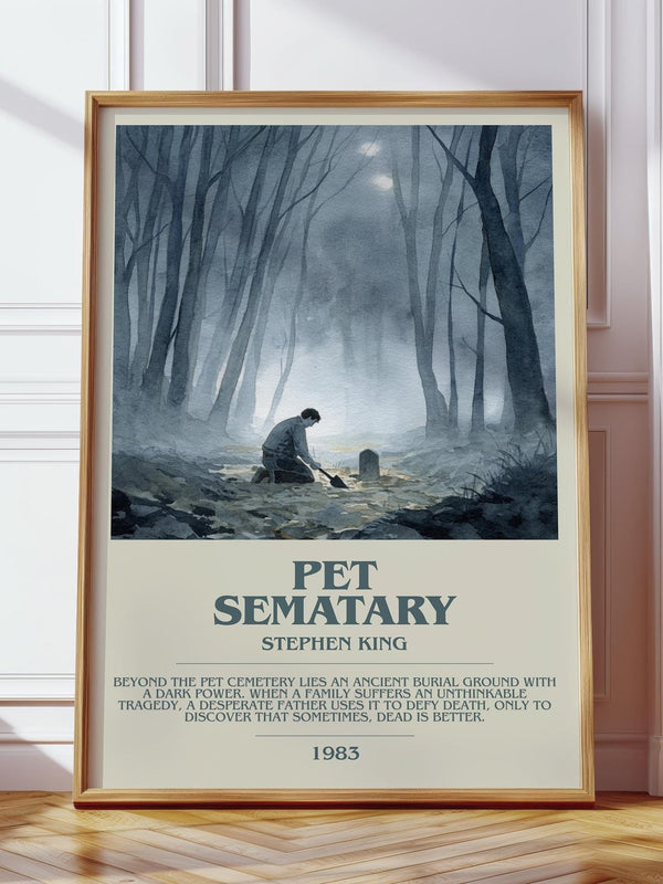 Pet Sematary bookish print in frame leaning in hallway – horror wall art
