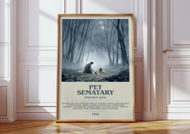Pet Sematary bookish print in frame leaning in hallway – horror wall art